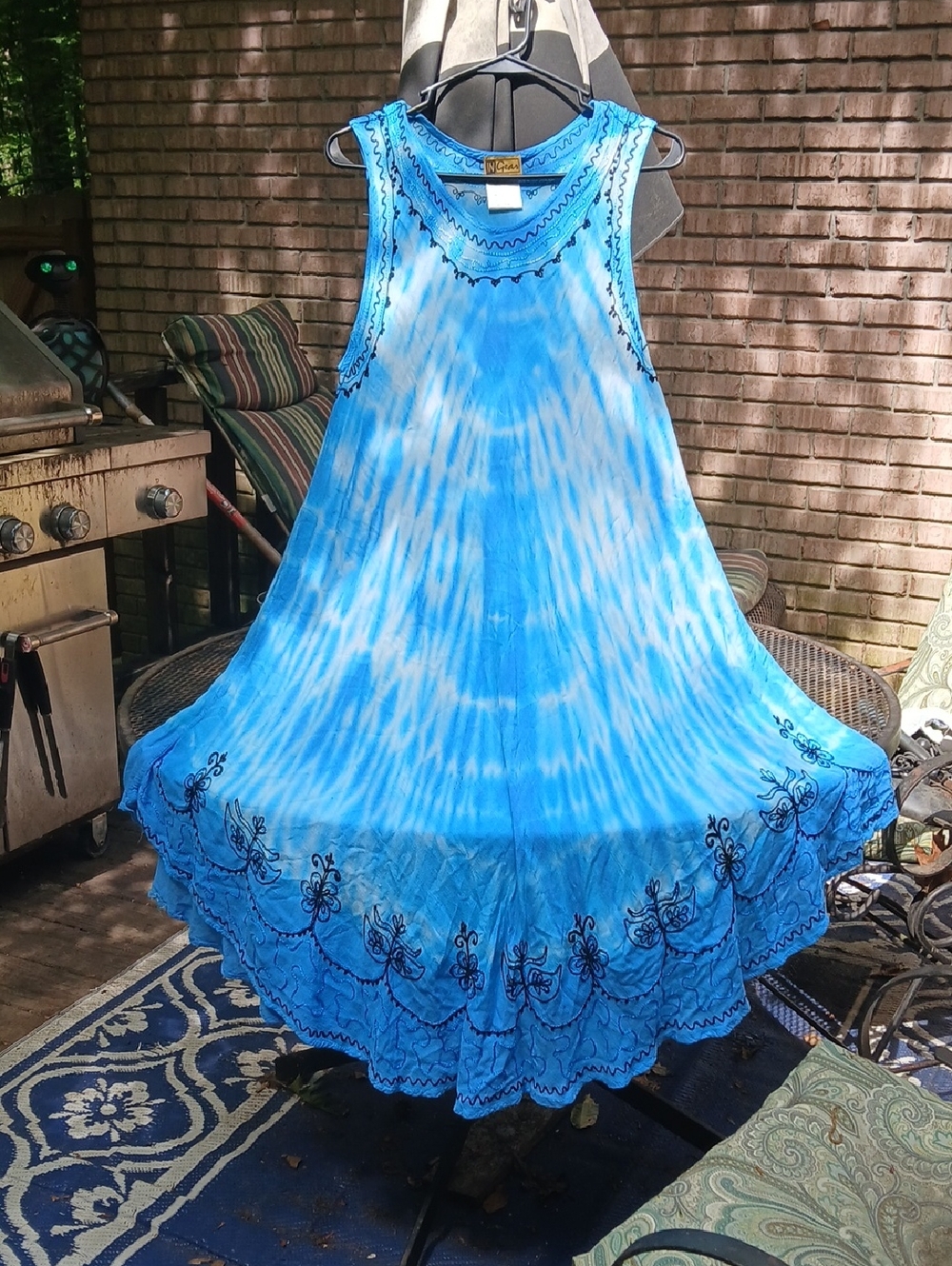 Ingear Blue Embroidered Neckline Top,tie Dye Dress. 1 Sz.fits Most